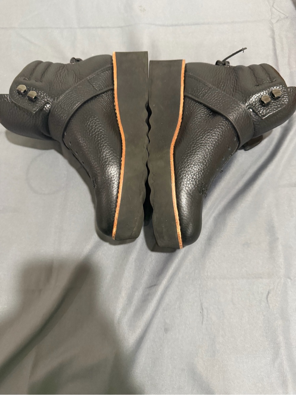 Coach Black Leather Platform Ankle Boots with Tan Trim